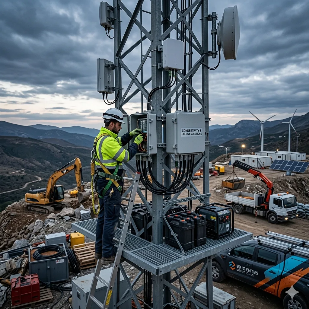 Técnico instalando soluciones de conectividad y energía en terreno