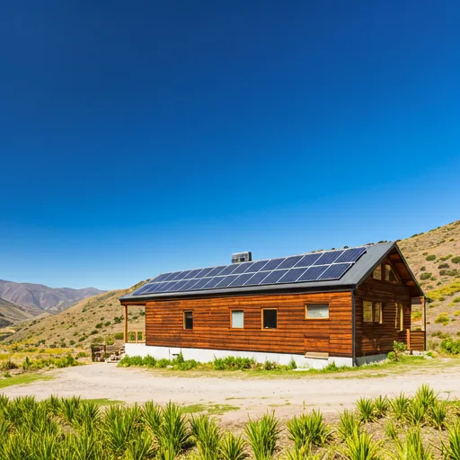 Modern wooden house in a rural Chilean valley with solar panels