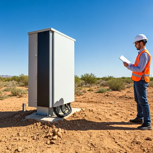Industrial solar inverter station being inspected