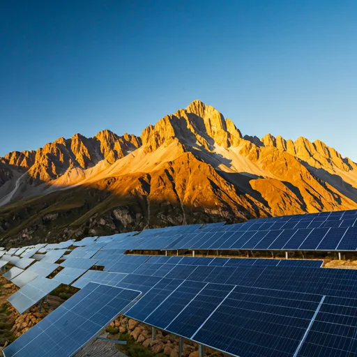 dramatic wide shot of a solar farm nestled in the rugged andean mountains under a clear blue sky with golden light